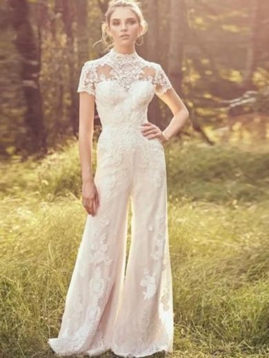 High Neck Lace High End Customized White Noble Trouser Dress Evening - White, 16