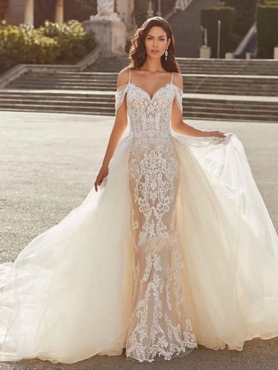 Elegant Tulle Boat Neck Lace-up Card Strap High Side Slit Bridal Gown - Train 2In1, Size8