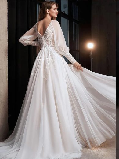 Long Puff Sleeve Tulle Wedding Dress With Side Slit A-Line Floor-length Lace Bridal Gown - Ivory, Size16W