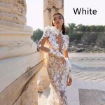 High Neck Lace Long Sleeve Floor Sweeping Boho Bridal Gown - White, Size4