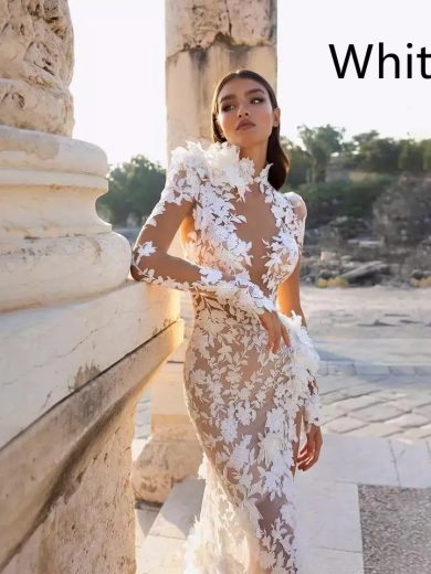 High Neck Lace Long Sleeve Floor Sweeping Boho Bridal Gown - White, Size18W